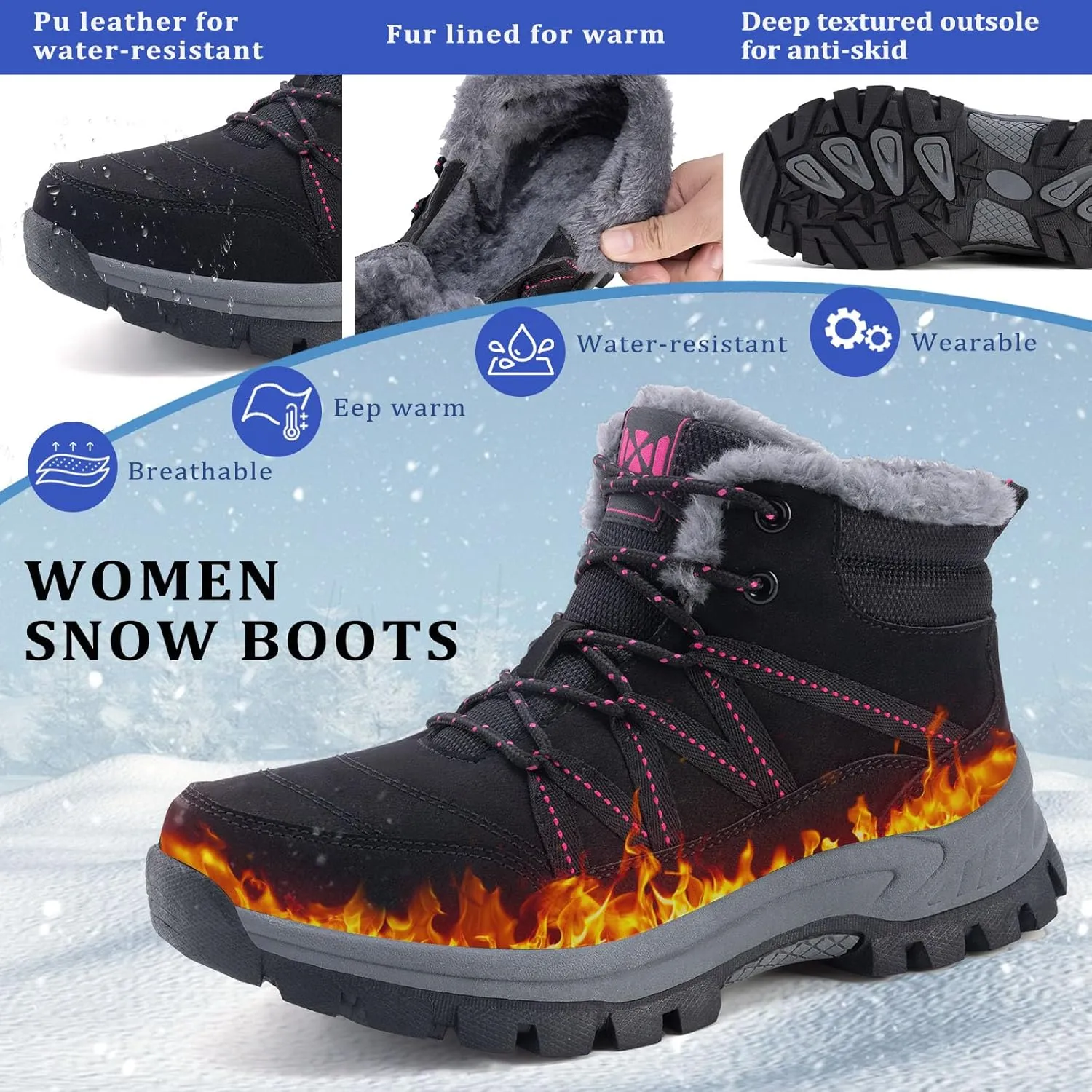 Moodeng Women Winter Boots Warm Comfortable Outdoor Ankle Boots Lace Up Hiking Boots Non-Slip Trekking Shoes