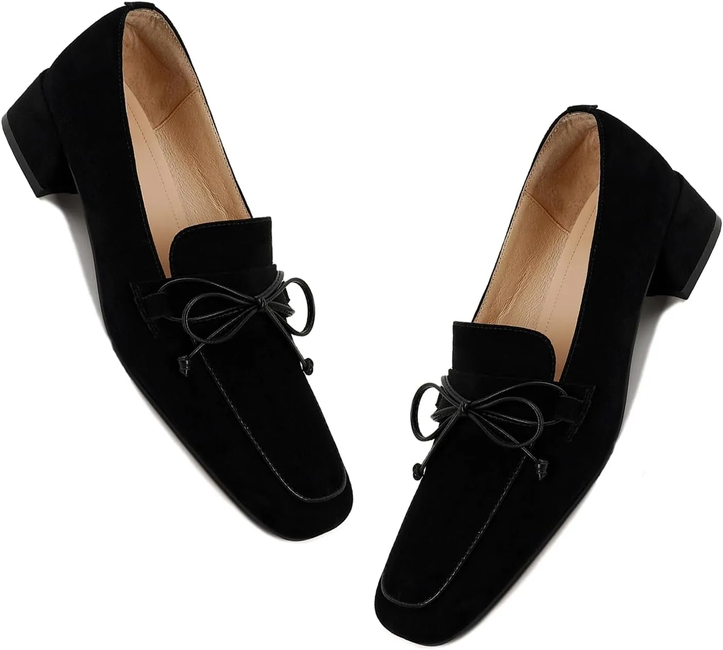 MOOMMO Women Chunky Low Heel Loafers Bow Suede Slip On Closed Square Toe Loafer Shoes Oxfords Comfy 1 Inch Block Heels Dress Shoes Pumps Office Work Pumps Vintage Retro Comfy 4-11 M US
