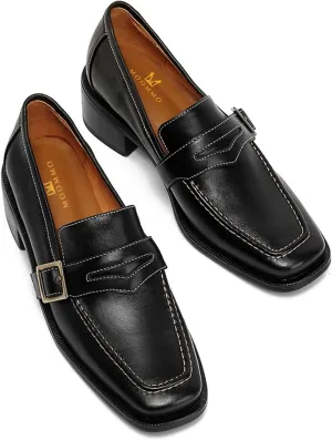 MOOMMO Women Classic Penny Loafers Closed Square Toe Patent Low Heel Loafers Slip On Metal Buckle 2" Chunky Heel Comfy Office Ladies Vintage Dress Loafer Shoes Size 4-9 M US