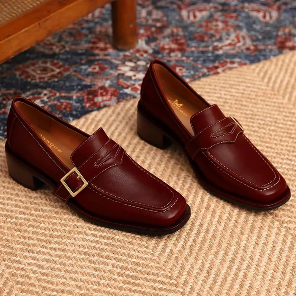 MOOMMO Women Classic Penny Loafers Closed Square Toe Patent Low Heel Loafers Slip On Metal Buckle 2" Chunky Heel Comfy Office Ladies Vintage Dress Loafer Shoes Size 4-9 M US