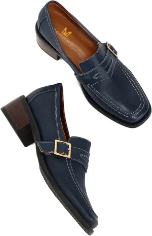 MOOMMO Women Classic Penny Loafers Closed Square Toe Patent Low Heel Loafers Slip On Metal Buckle 2" Chunky Heel Comfy Office Ladies Vintage Dress Loafer Shoes Size 4-9 M US