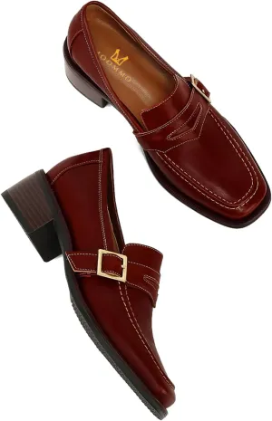 MOOMMO Women Classic Penny Loafers Closed Square Toe Patent Low Heel Loafers Slip On Metal Buckle 2" Chunky Heel Comfy Office Ladies Vintage Dress Loafer Shoes Size 4-9 M US