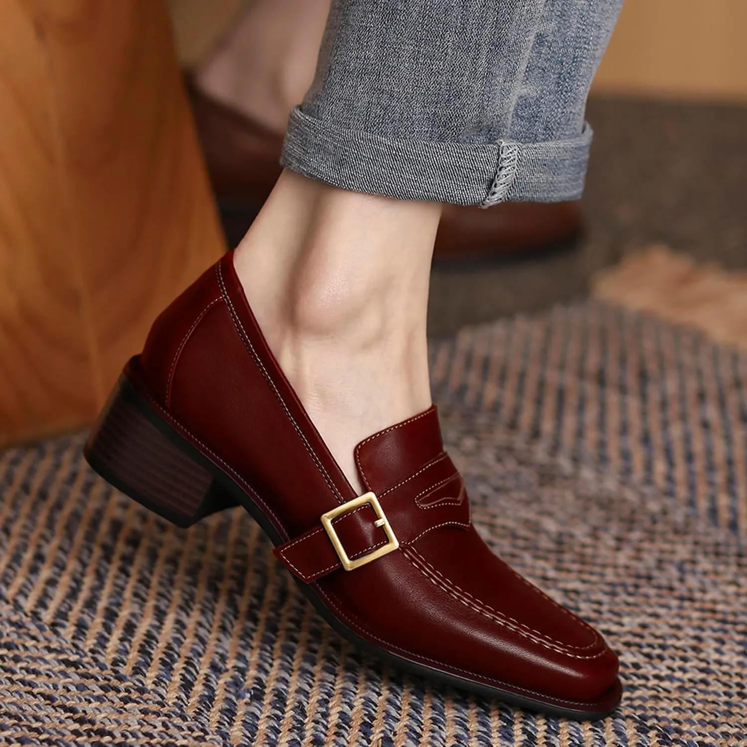 MOOMMO Women Classic Penny Loafers Closed Square Toe Patent Low Heel Loafers Slip On Metal Buckle 2" Chunky Heel Comfy Office Ladies Vintage Dress Loafer Shoes Size 4-9 M US