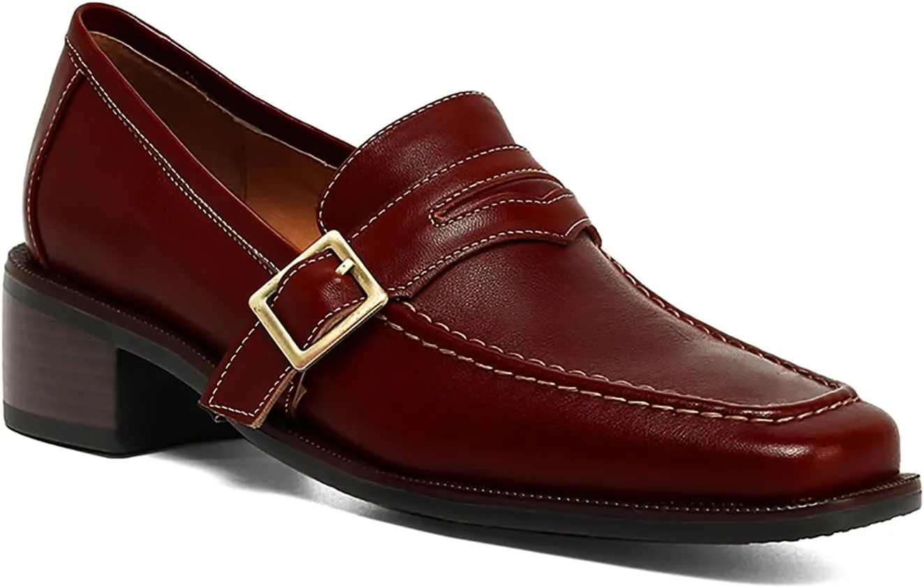 MOOMMO Women Classic Penny Loafers Closed Square Toe Patent Low Heel Loafers Slip On Metal Buckle 2" Chunky Heel Comfy Office Ladies Vintage Dress Loafer Shoes Size 4-9 M US