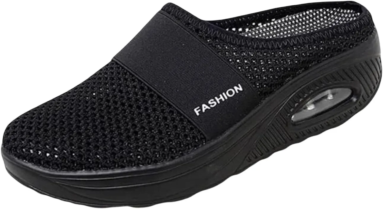 Mules for Women Comfortable Summer Comfort Mesh Hollow Out Backless Walking Sneakers Trendy Slip On Diabetic Air-Cushion Orthopedic Shoes BreathableWedge Platform Slippers with Arch Support