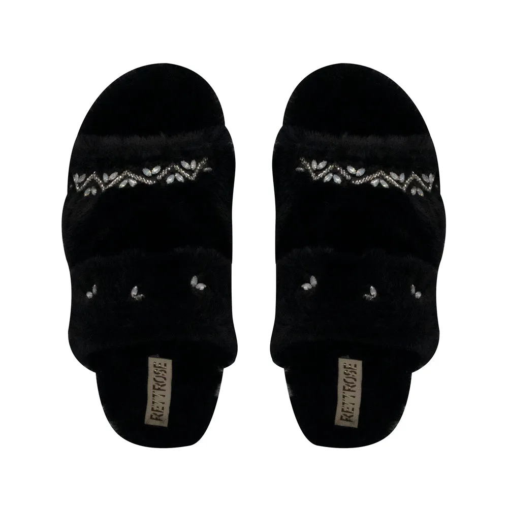 Myla Black Luxury Plush Diamanté Embellished Handmade Slipper