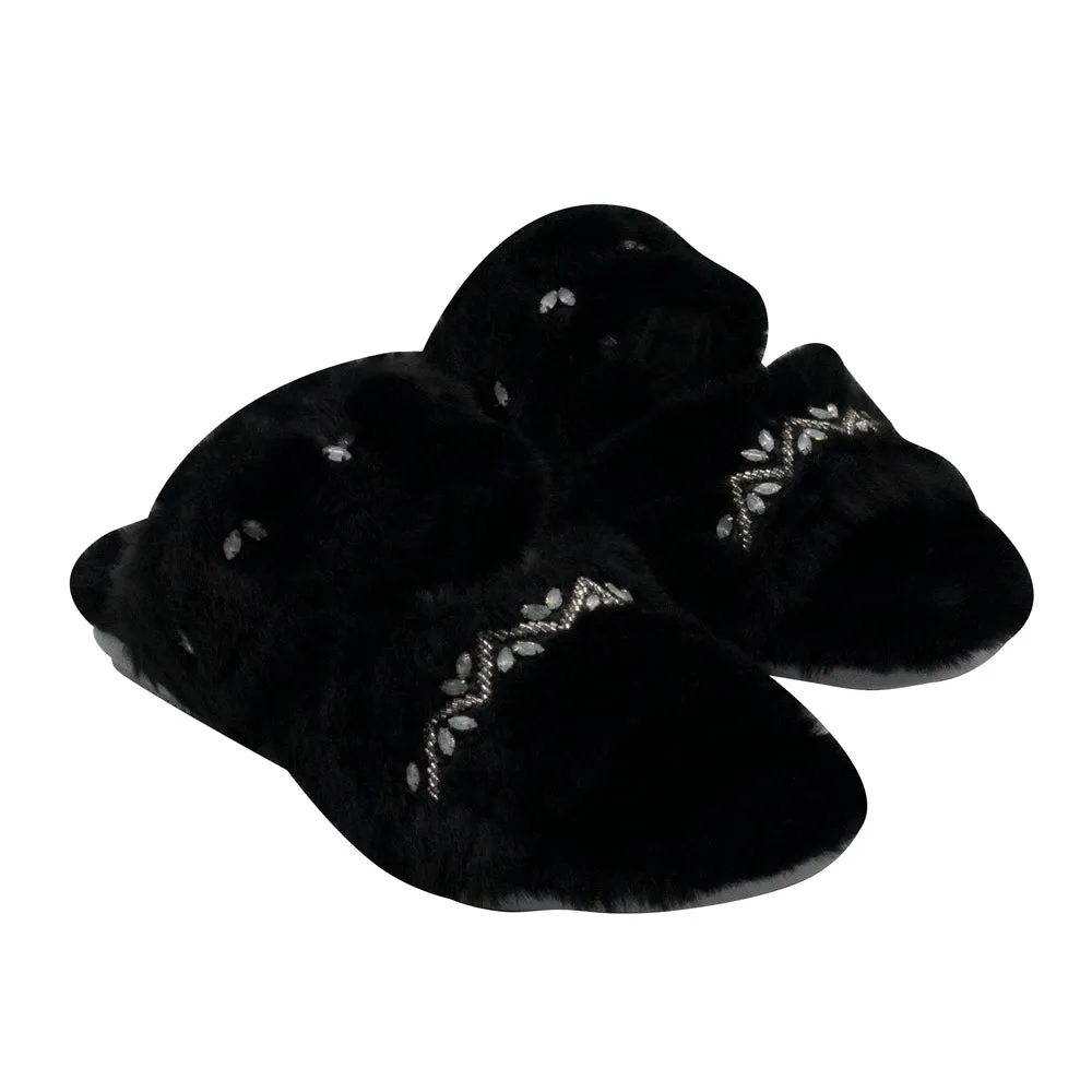 Myla Black Luxury Plush Diamanté Embellished Handmade Slipper