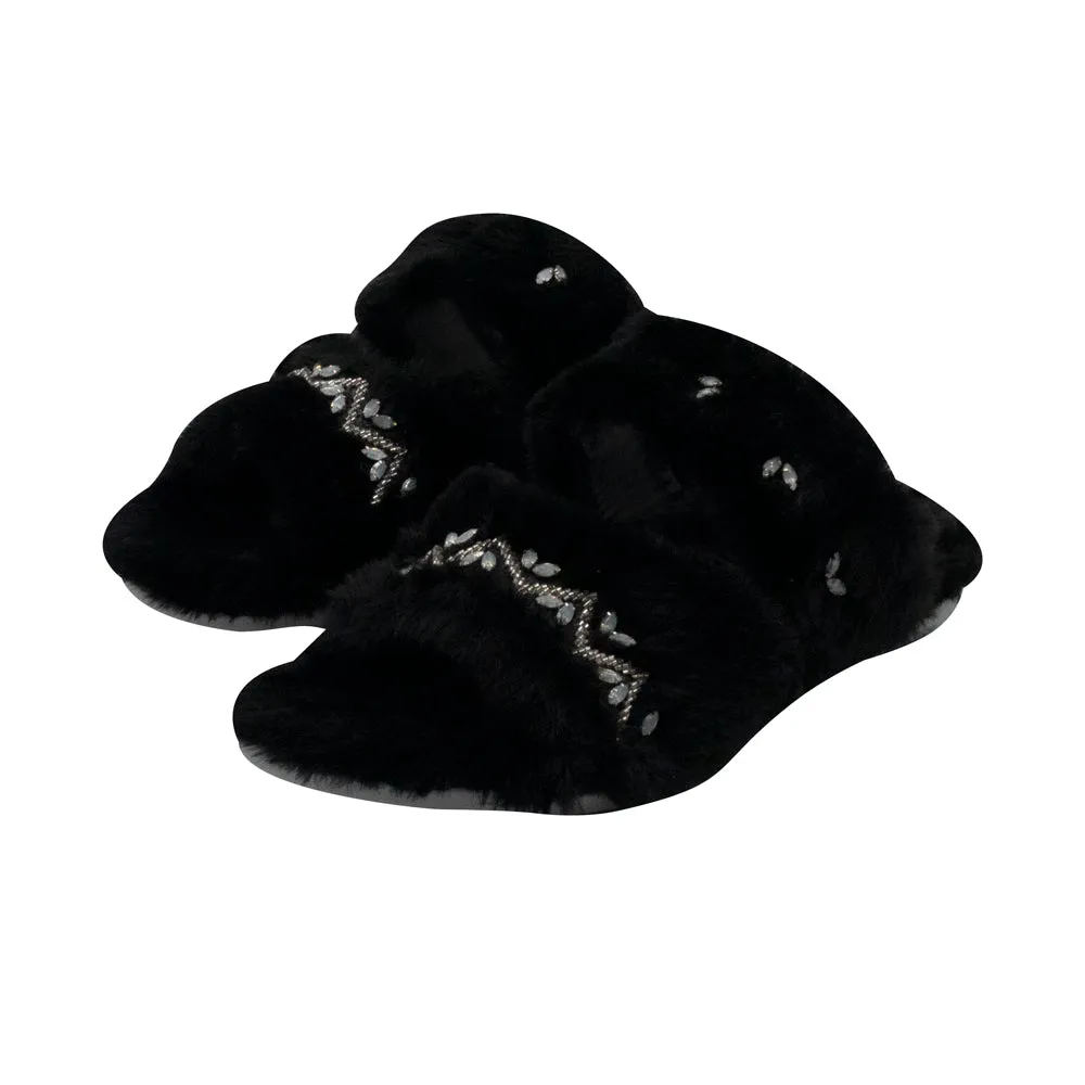 Myla Black Luxury Plush Diamanté Embellished Handmade Slipper