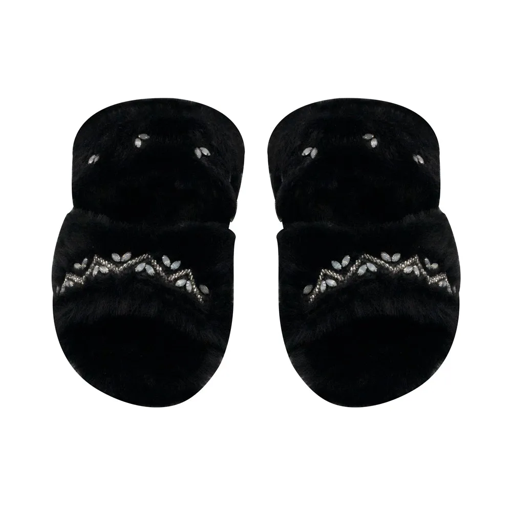 Myla Black Luxury Plush Diamanté Embellished Handmade Slipper