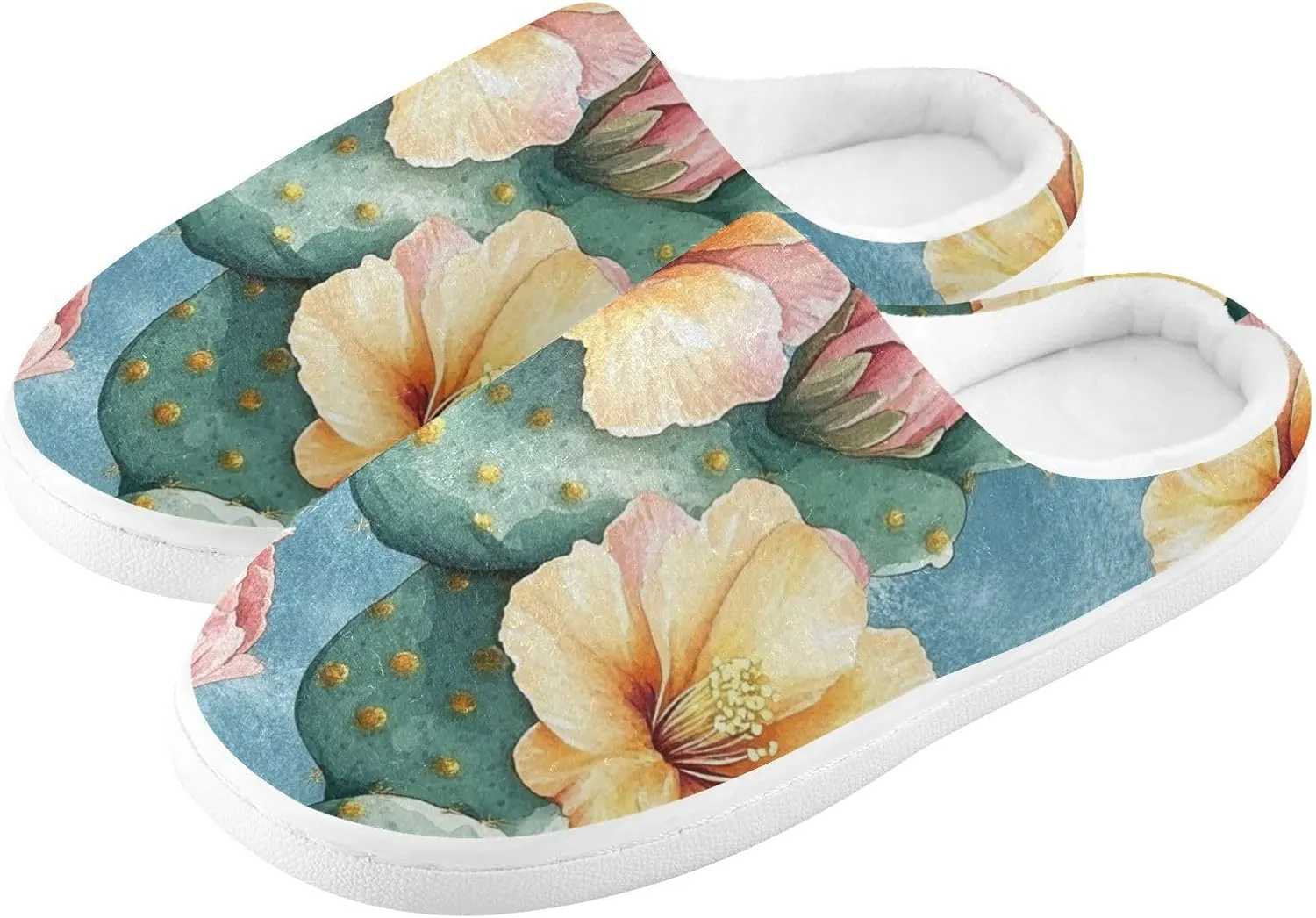 Nature Cactus Retro Style Flower Cozy Fuzzy House Shoes Winter House Shoes with Memory Foam for Woman Hospital 6-7