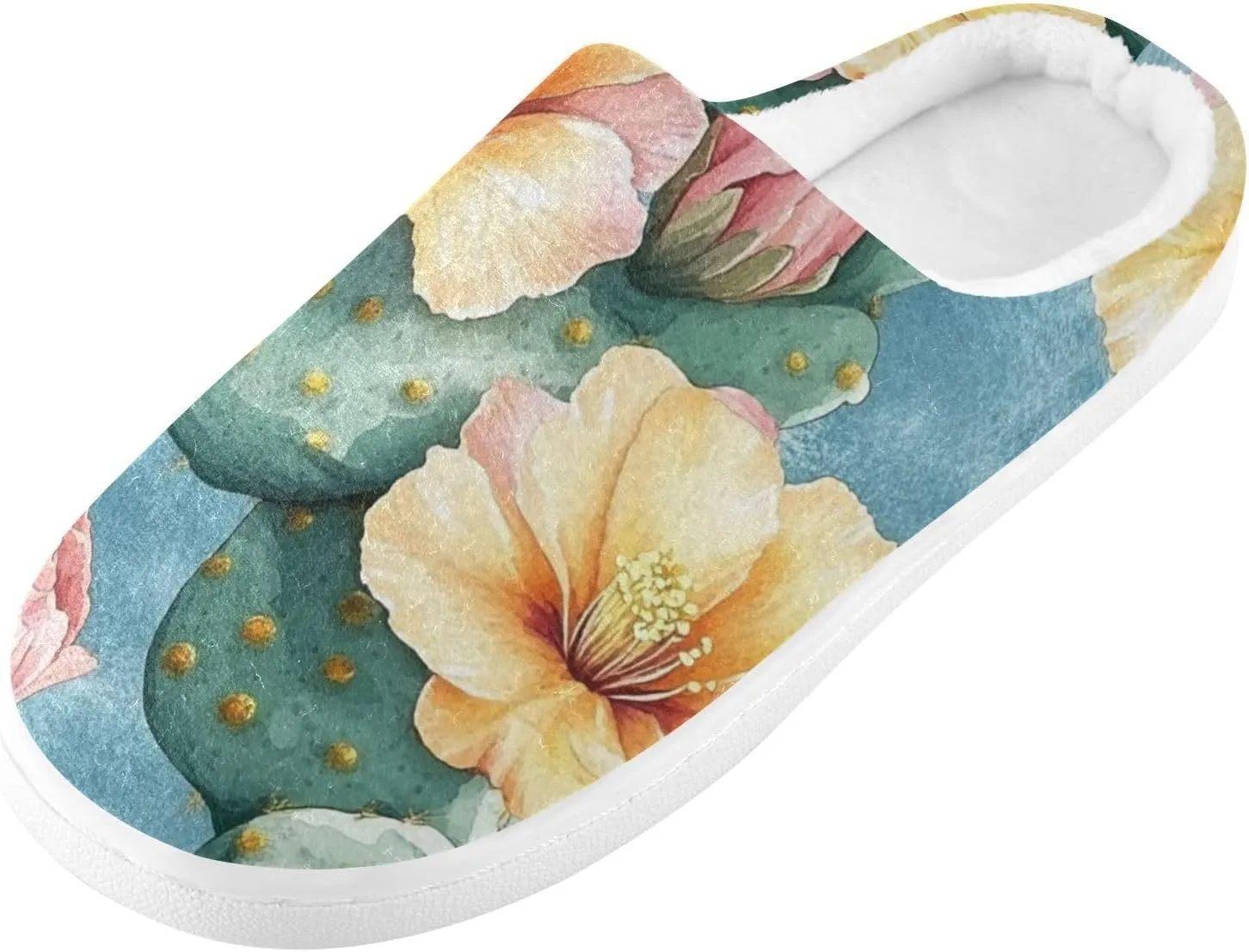 Nature Cactus Retro Style Flower Cozy Fuzzy House Shoes Winter House Shoes with Memory Foam for Woman Hospital 6-7