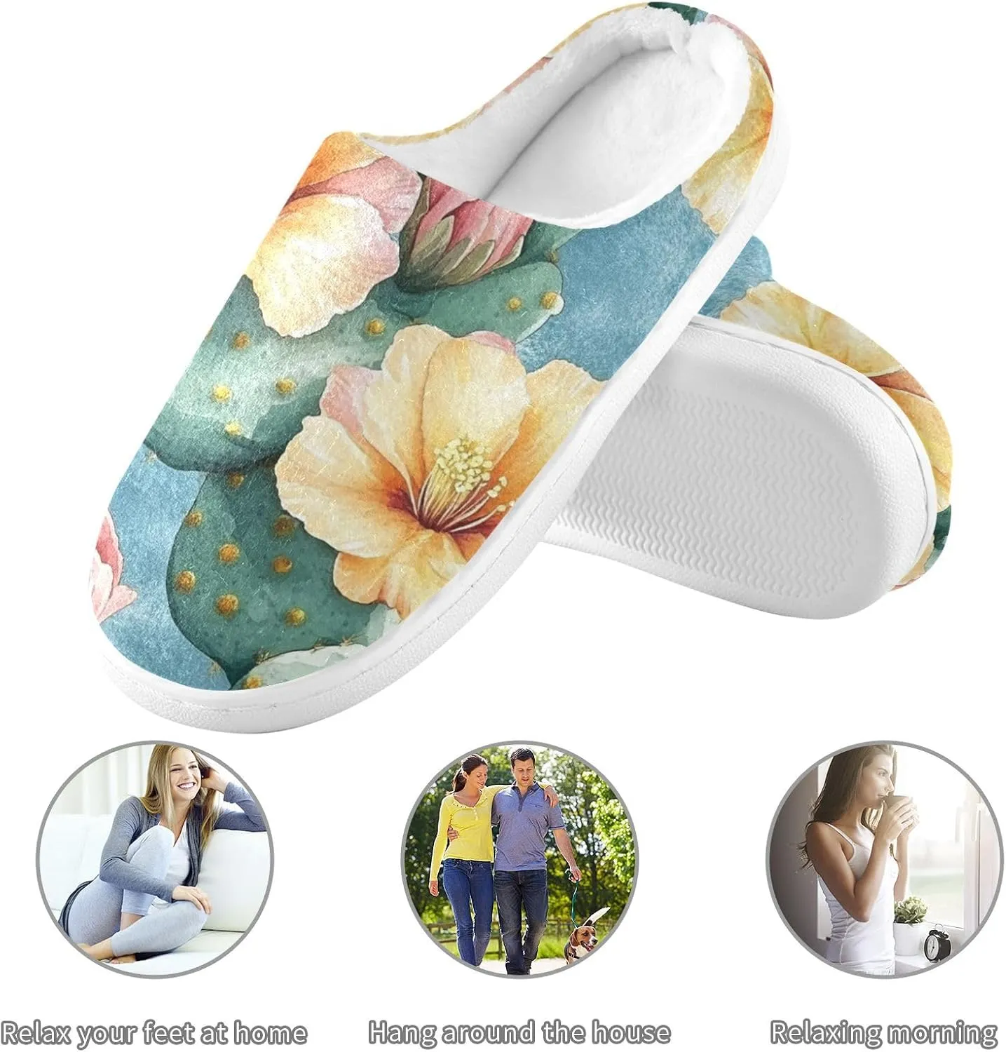 Nature Cactus Retro Style Flower Cozy Fuzzy House Shoes Winter House Shoes with Memory Foam for Woman Hospital 6-7