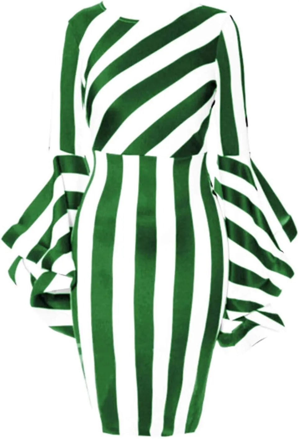 Nuofengkudu Women's Plus Size Costume Elegant Dresses Striped Crew Neck Ruffles Long Sleeve Bodycon Midi Church Dress