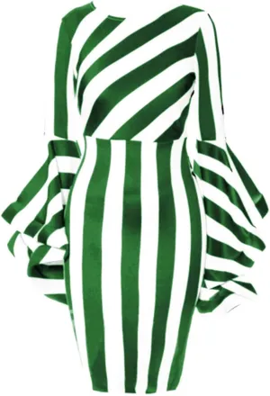 Nuofengkudu Women's Plus Size Costume Elegant Dresses Striped Crew Neck Ruffles Long Sleeve Bodycon Midi Church Dress