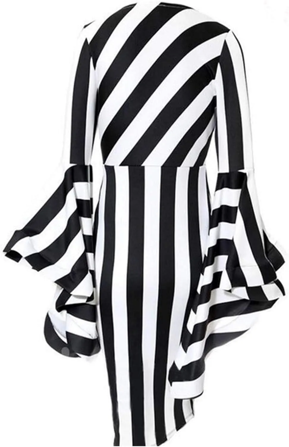 Nuofengkudu Women's Plus Size Costume Elegant Dresses Striped Crew Neck Ruffles Long Sleeve Bodycon Midi Church Dress