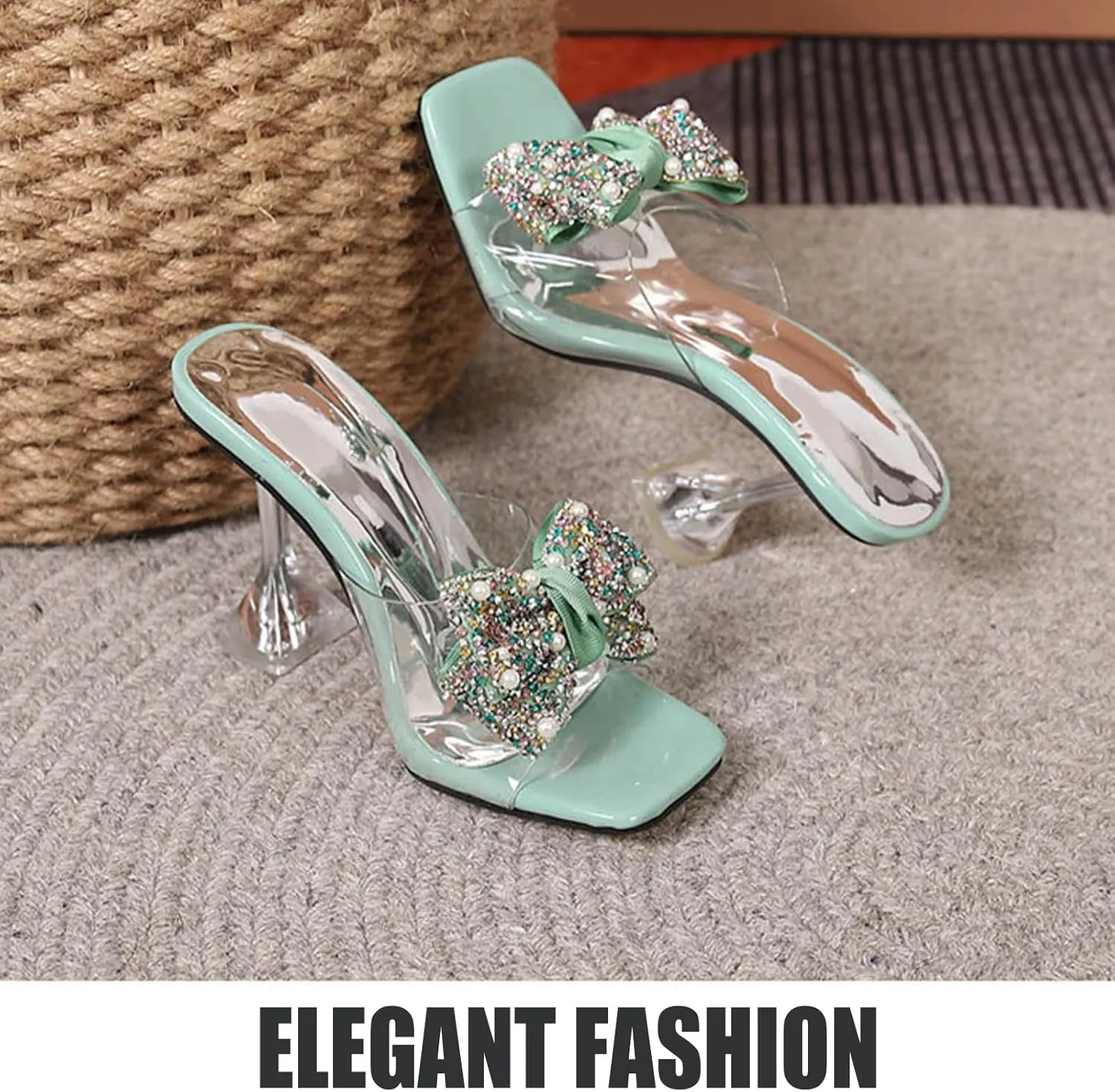 OEWHNGD Women's Pearl Bow Square Toe Stiletto Slides Sandals Elegant Rhinestones Clear High Heels Open Toe Slip On Dress Slippers for Dinner Party Prom Crystal Sandals