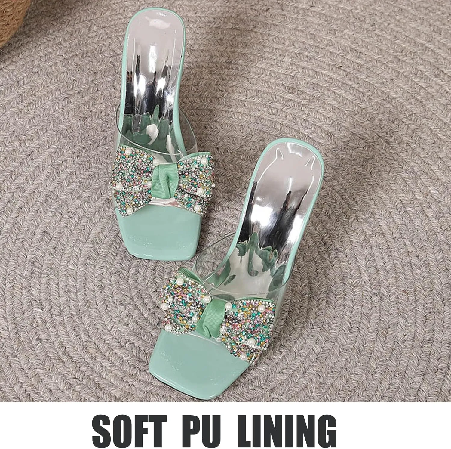 OEWHNGD Women's Pearl Bow Square Toe Stiletto Slides Sandals Elegant Rhinestones Clear High Heels Open Toe Slip On Dress Slippers for Dinner Party Prom Crystal Sandals
