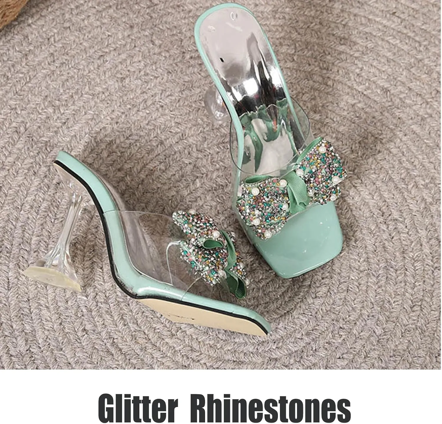 OEWHNGD Women's Pearl Bow Square Toe Stiletto Slides Sandals Elegant Rhinestones Clear High Heels Open Toe Slip On Dress Slippers for Dinner Party Prom Crystal Sandals