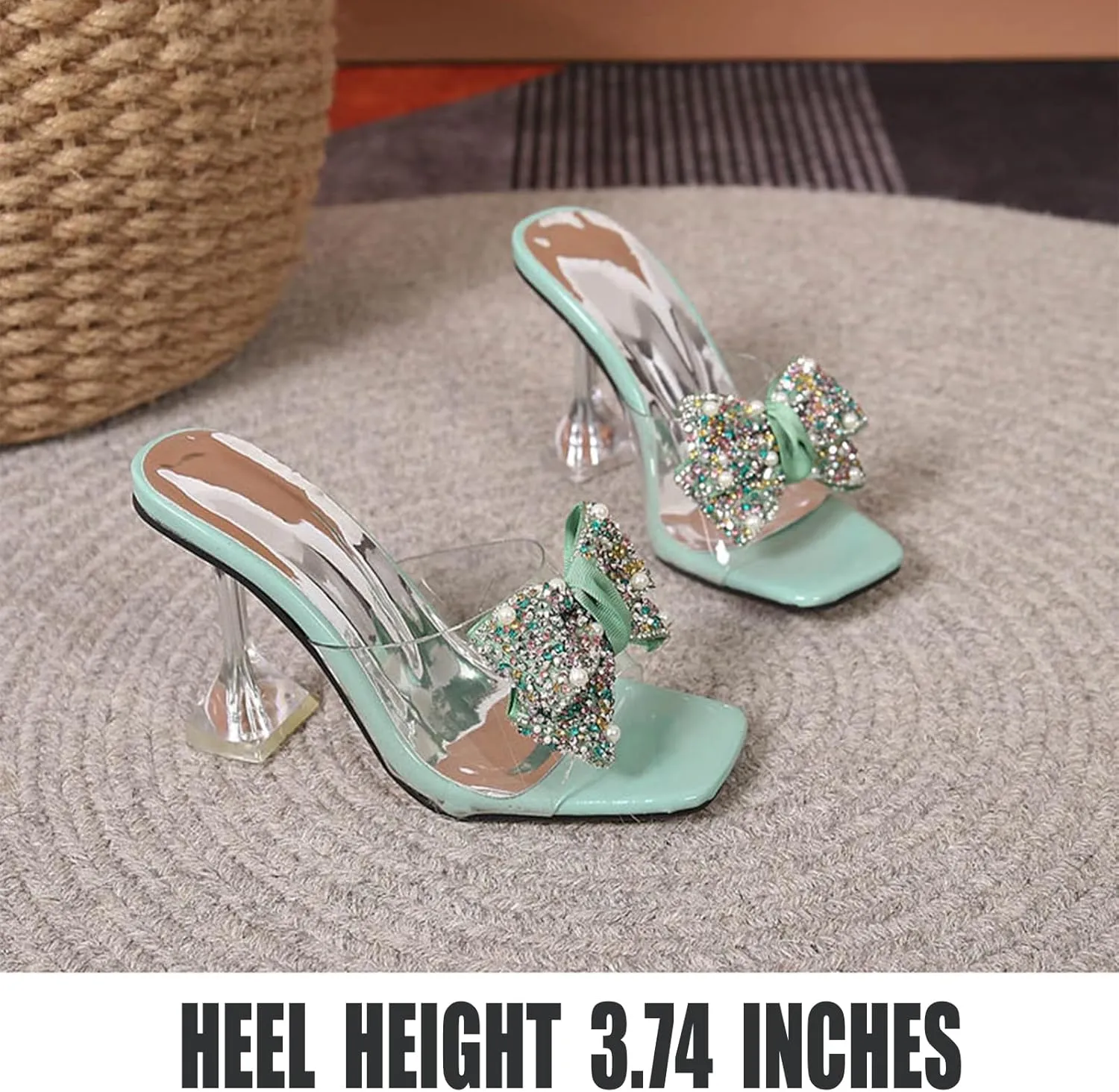 OEWHNGD Women's Pearl Bow Square Toe Stiletto Slides Sandals Elegant Rhinestones Clear High Heels Open Toe Slip On Dress Slippers for Dinner Party Prom Crystal Sandals
