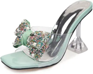 OEWHNGD Women's Pearl Bow Square Toe Stiletto Slides Sandals Elegant Rhinestones Clear High Heels Open Toe Slip On Dress Slippers for Dinner Party Prom Crystal Sandals