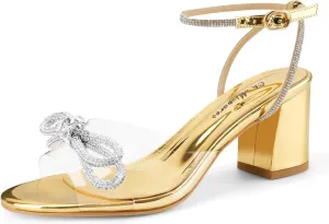 Oh Mispares Women's Clear Heels Double Bowknots Crystal Sandals Round Open Toe Rhinestone Transparent Chunky Bow Heels Gold Ankle Strap Sandal Shoes