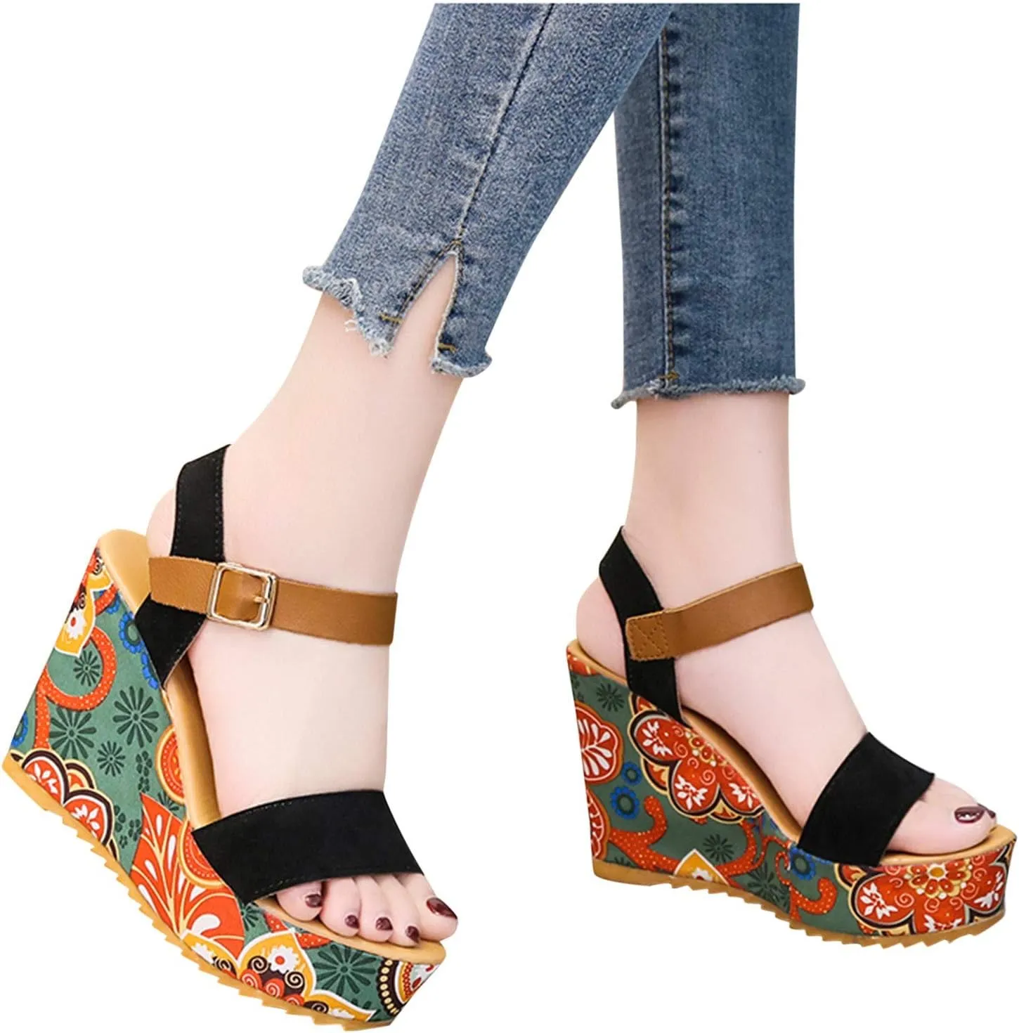 oiangi Womens Flower Print Wedge Sandals Summer Fashion Casual Ankle Straps Buckle Open Toe Chunky Platform Sandals Comfortable Breathable Ladies Shoes