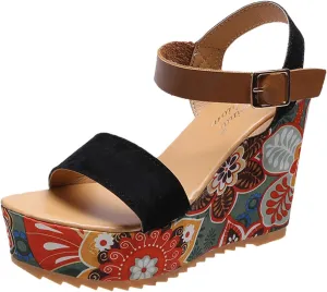 oiangi Womens Flower Print Wedge Sandals Summer Fashion Casual Ankle Straps Buckle Open Toe Chunky Platform Sandals Comfortable Breathable Ladies Shoes