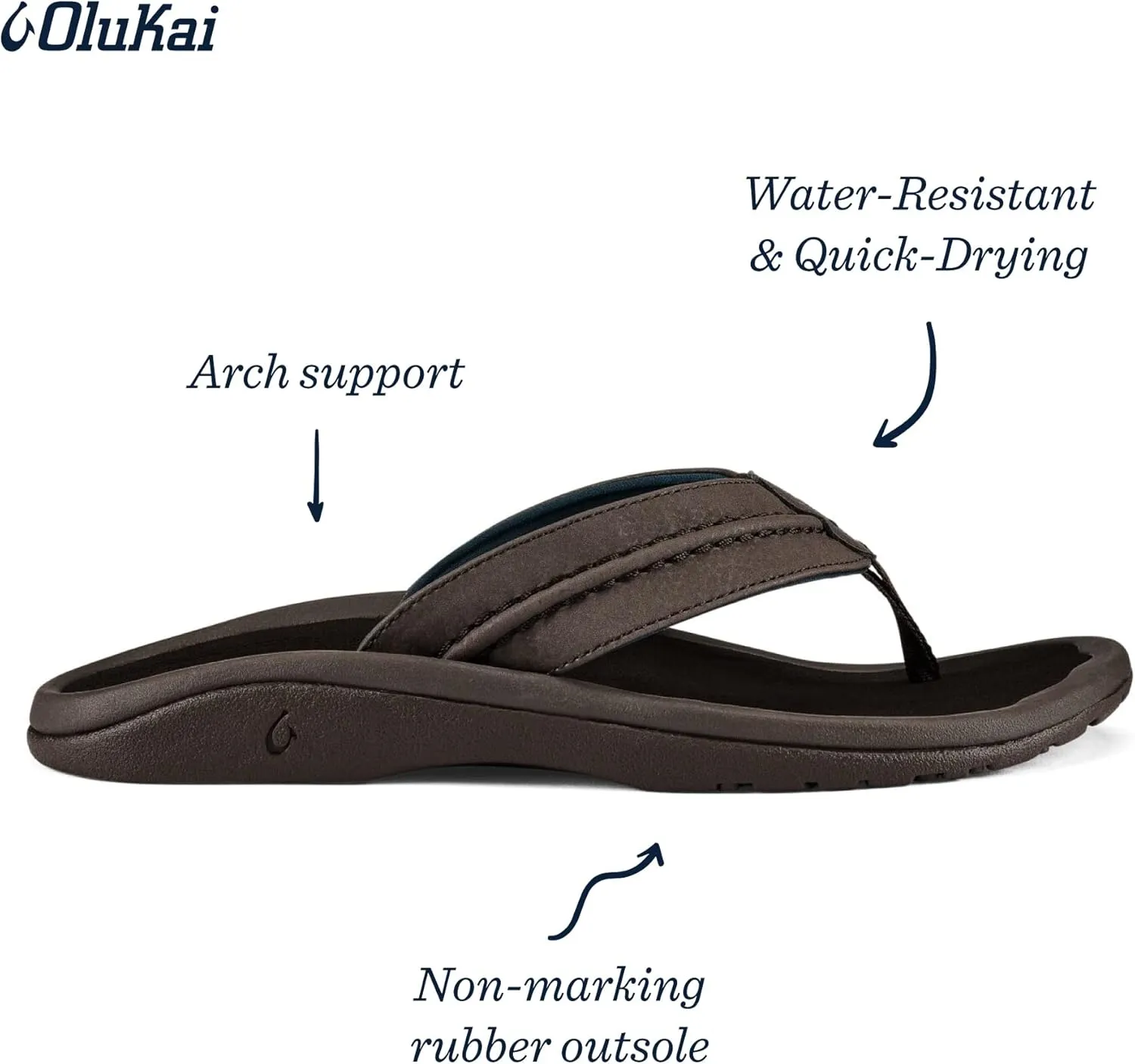 OLUKAI Hokua Men's Beach Sandals, Quick-Dry Flip-Flop Slides, Water Resistant & Wet Grip Rubber Soles, Compression Molded Footbed & Soft Comfort Fit