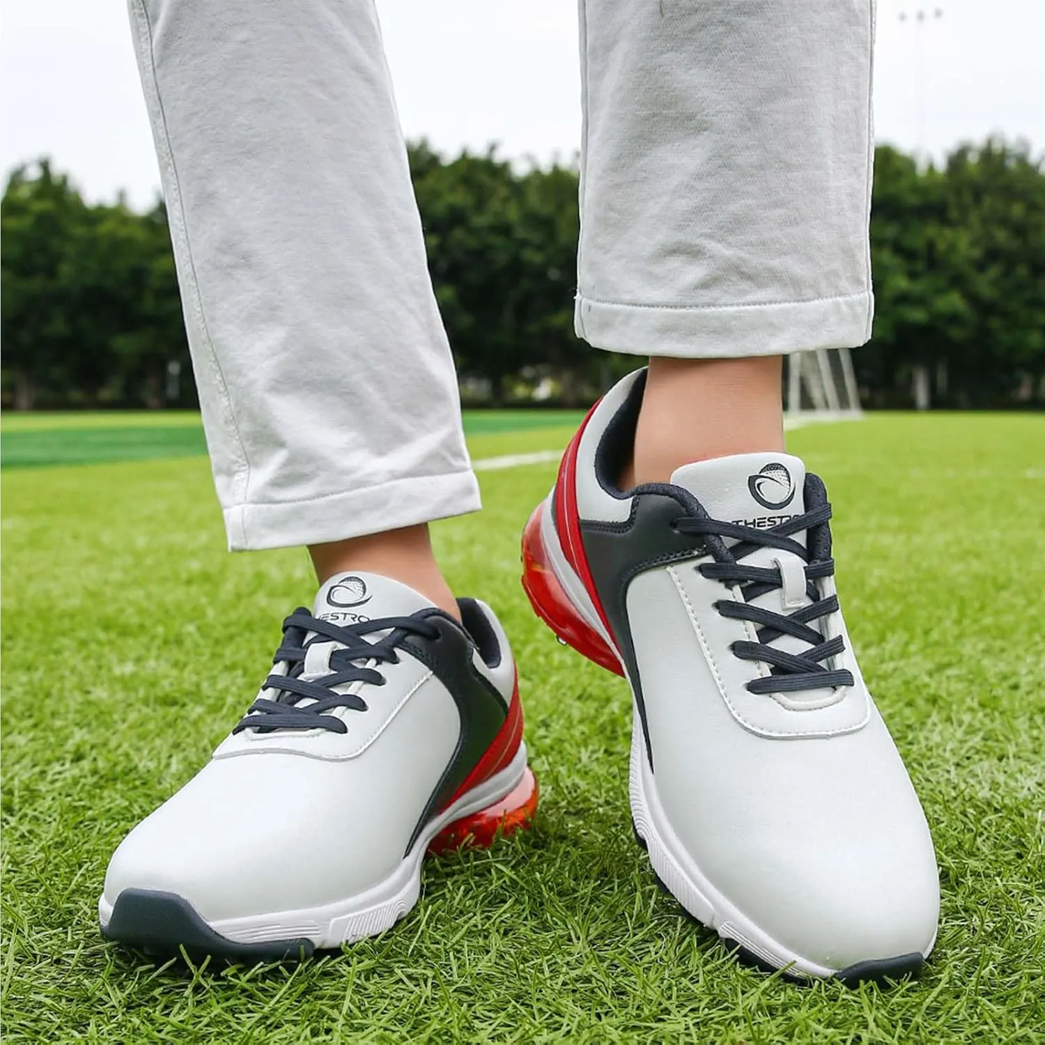 ONAIC Golf Shoes Men with Spikes Leather Golf Shoes Waterproof for Outdoor Trainers Golfing