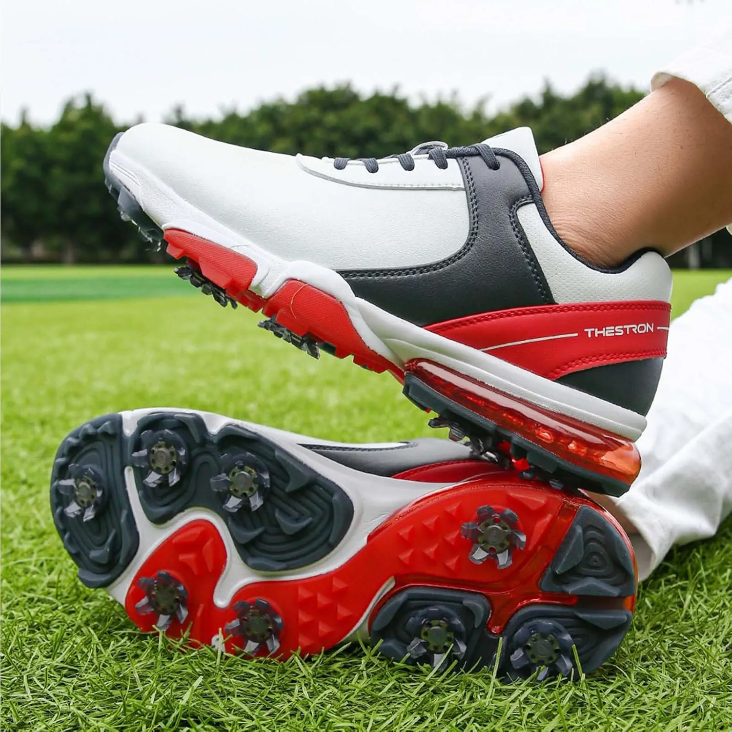 ONAIC Golf Shoes Men with Spikes Leather Golf Shoes Waterproof for Outdoor Trainers Golfing