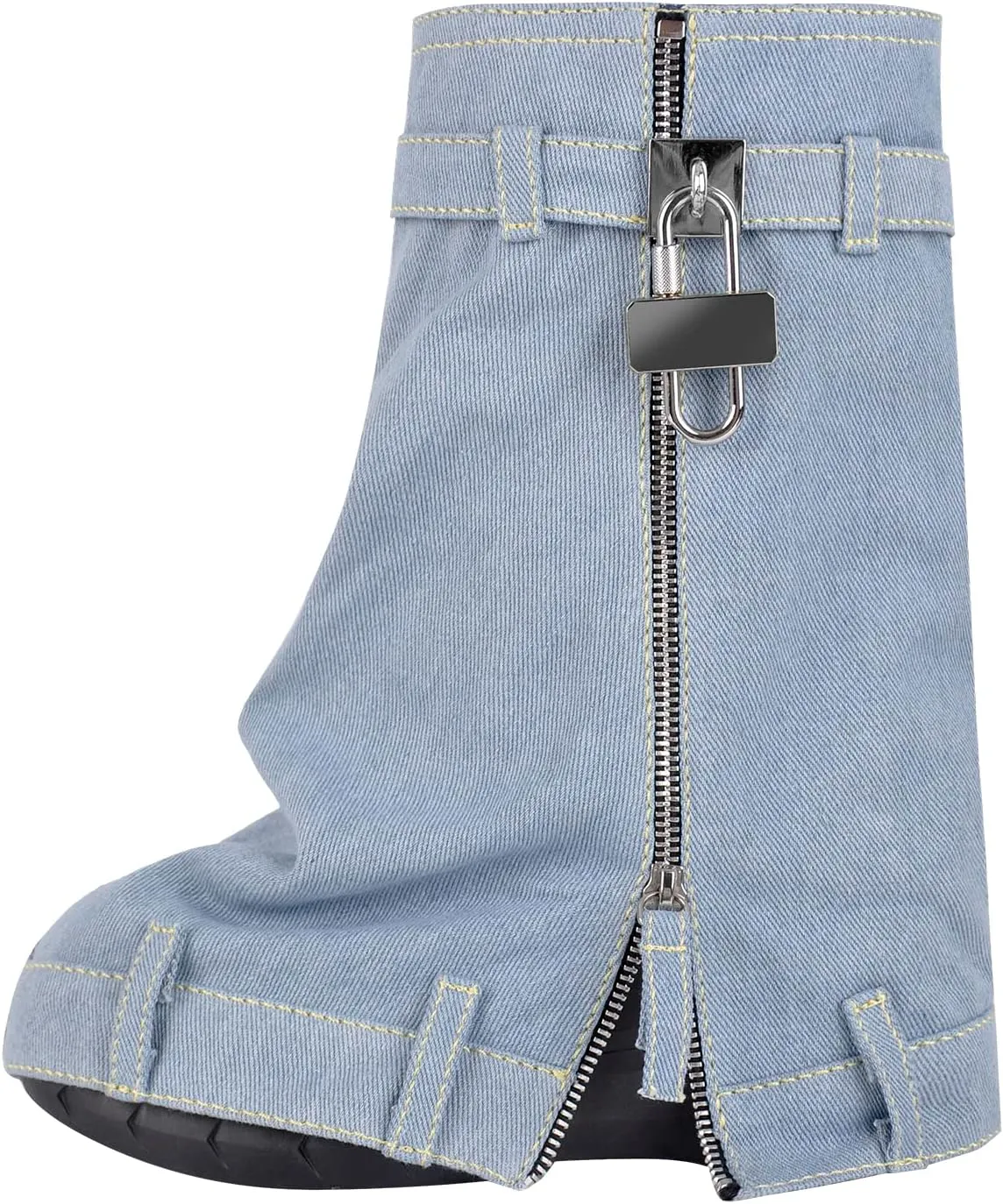 onlymaker Denim Canvas Wedge Platform Calf Boots Round Toe Pull-up Padlock Fold over Booties
