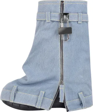 onlymaker Denim Canvas Wedge Platform Calf Boots Round Toe Pull-up Padlock Fold over Booties
