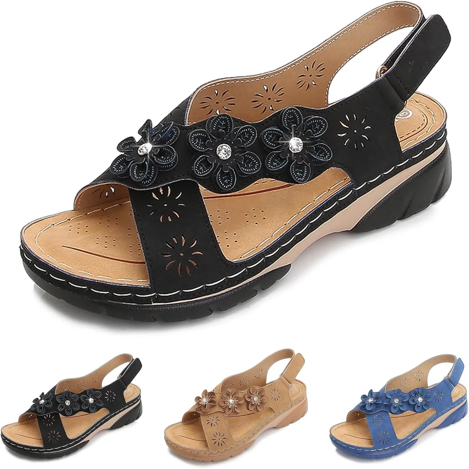 Orthopedic Sandals for Women Non Slip Comfortable Low Wedge Sandals Open Toe Cross Strappy Flowers Walking Shoes Slingback Casual Summer Beach Sandal