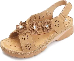 Orthopedic Sandals for Women Non Slip Comfortable Low Wedge Sandals Open Toe Cross Strappy Flowers Walking Shoes Slingback Casual Summer Beach Sandal