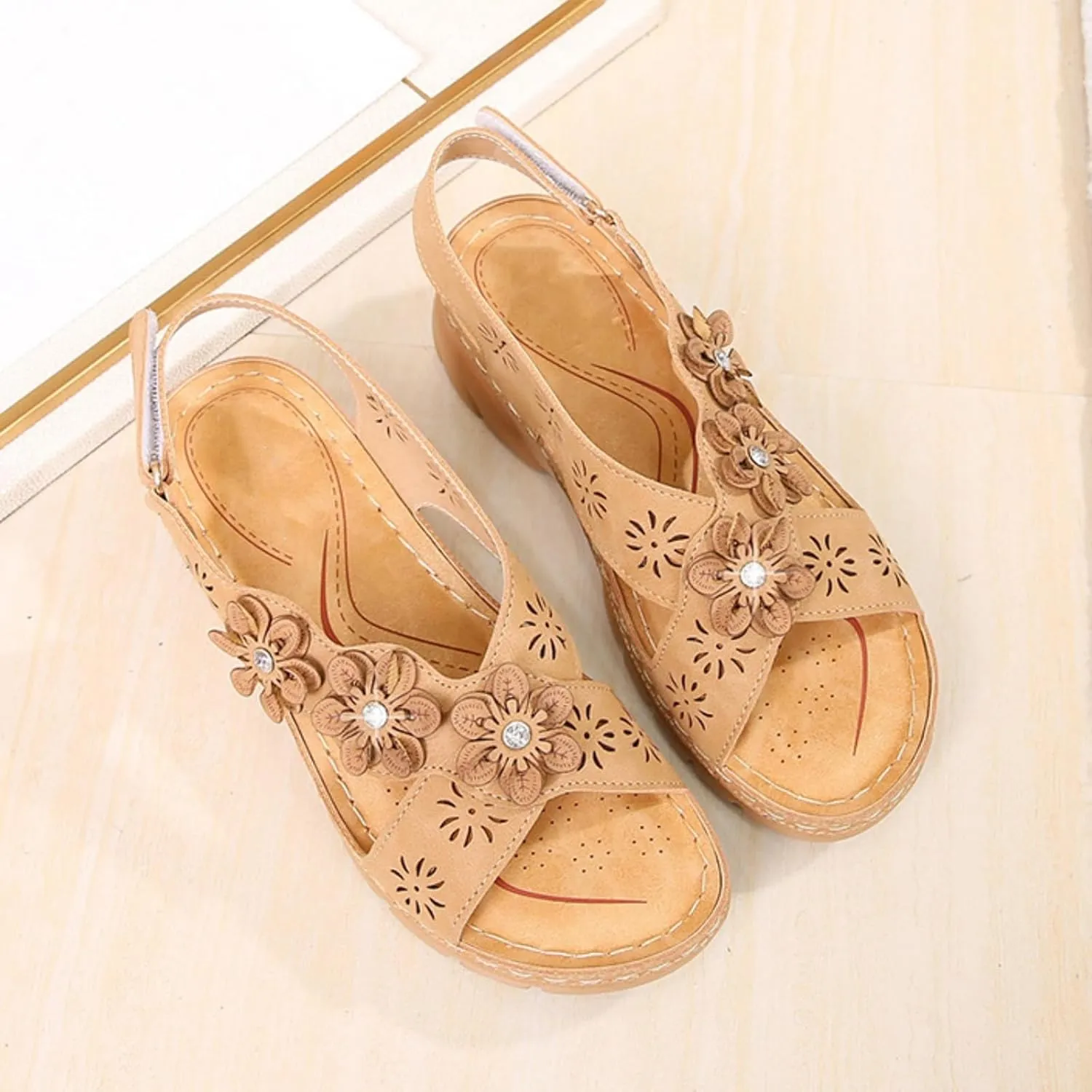 Orthopedic Sandals for Women Non Slip Comfortable Low Wedge Sandals Open Toe Cross Strappy Flowers Walking Shoes Slingback Casual Summer Beach Sandal