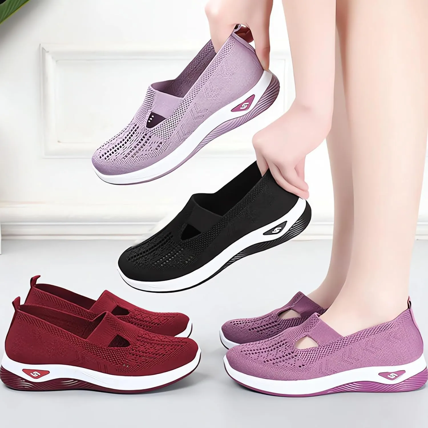 Orthopedic Shoes for Women Breathable Mesh Knitted Woven Low Top Walking Shoes Hands Free Slip On Sneakers Soft Sole Arch Support Non-Slip Shoe Diabetic Foam Walking Shoe