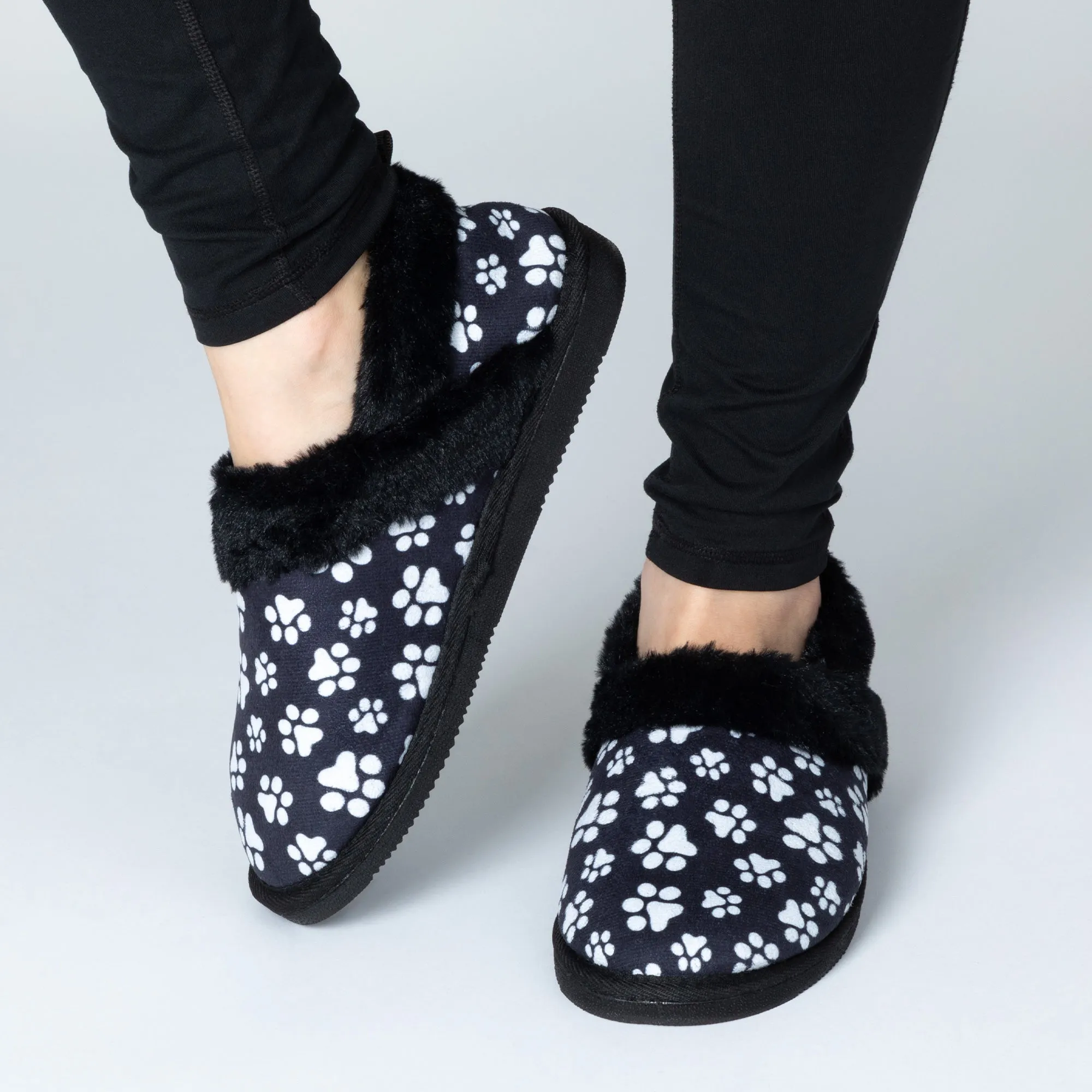 Paw Print Faux Fur Lined Indoor/Outdoor Slipper Shoes