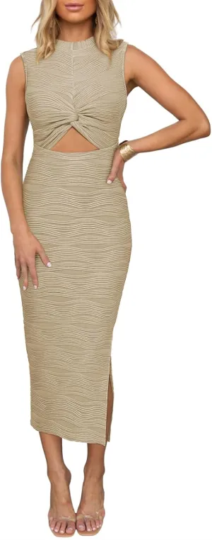 Pink Queen Sexy Sleeveless Cutout Bodycon Dress for Women 2024 Crewneck Twist Ruched Fitted Slit Knit Cocktail Party Outfits