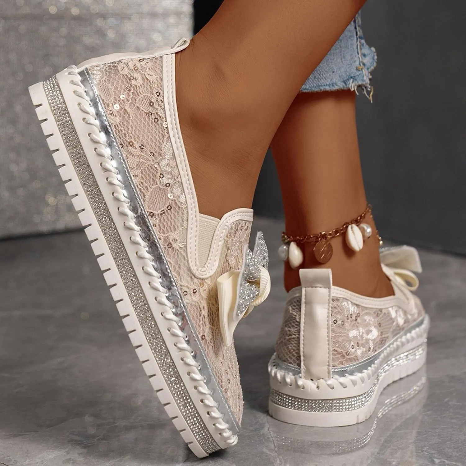 Platform Rhinestones Glitter Sneaker for Women Sparkle Slip On Comfort Sneaker Flat Loafer Casual Shoes