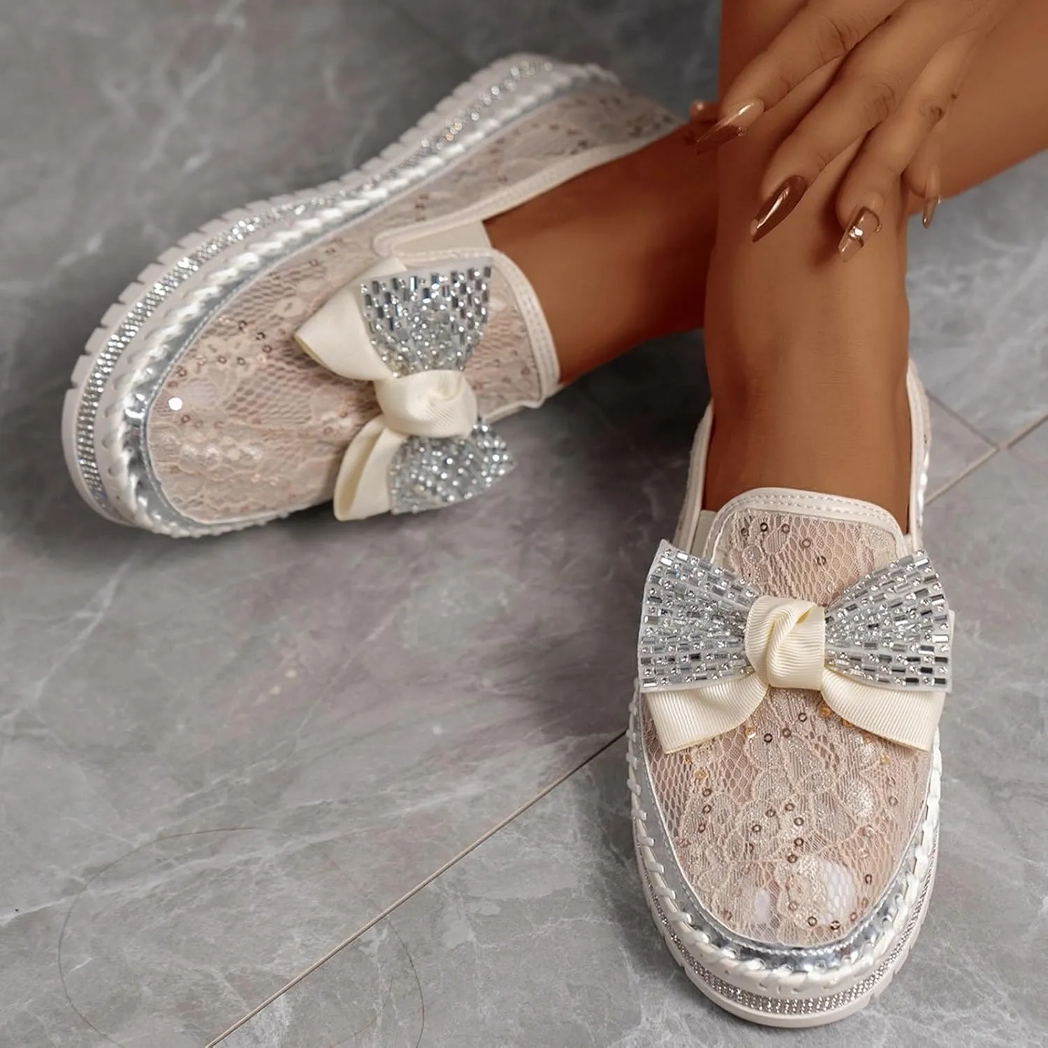 Platform Rhinestones Glitter Sneaker for Women Sparkle Slip On Comfort Sneaker Flat Loafer Casual Shoes