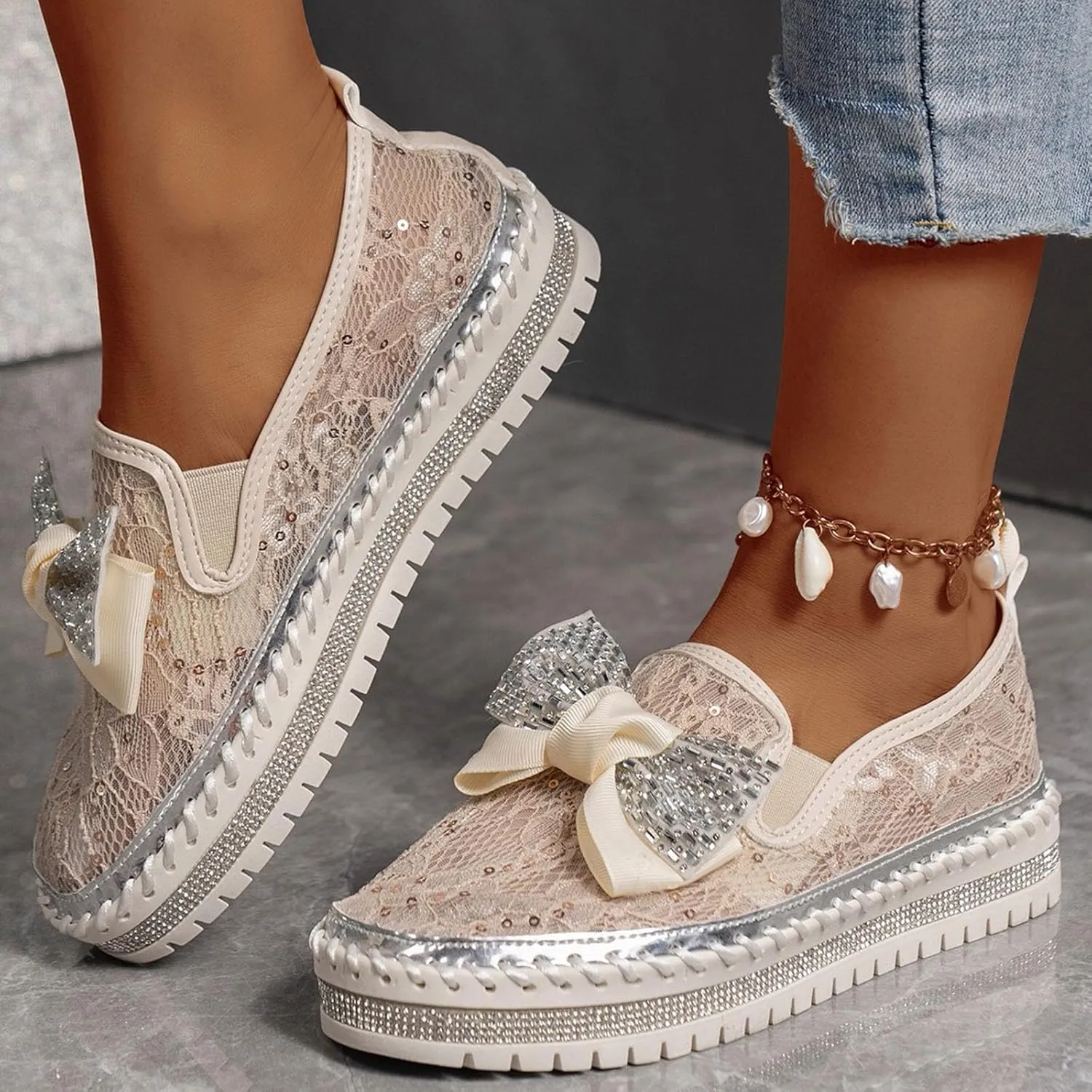 Platform Rhinestones Glitter Sneaker for Women Sparkle Slip On Comfort Sneaker Flat Loafer Casual Shoes
