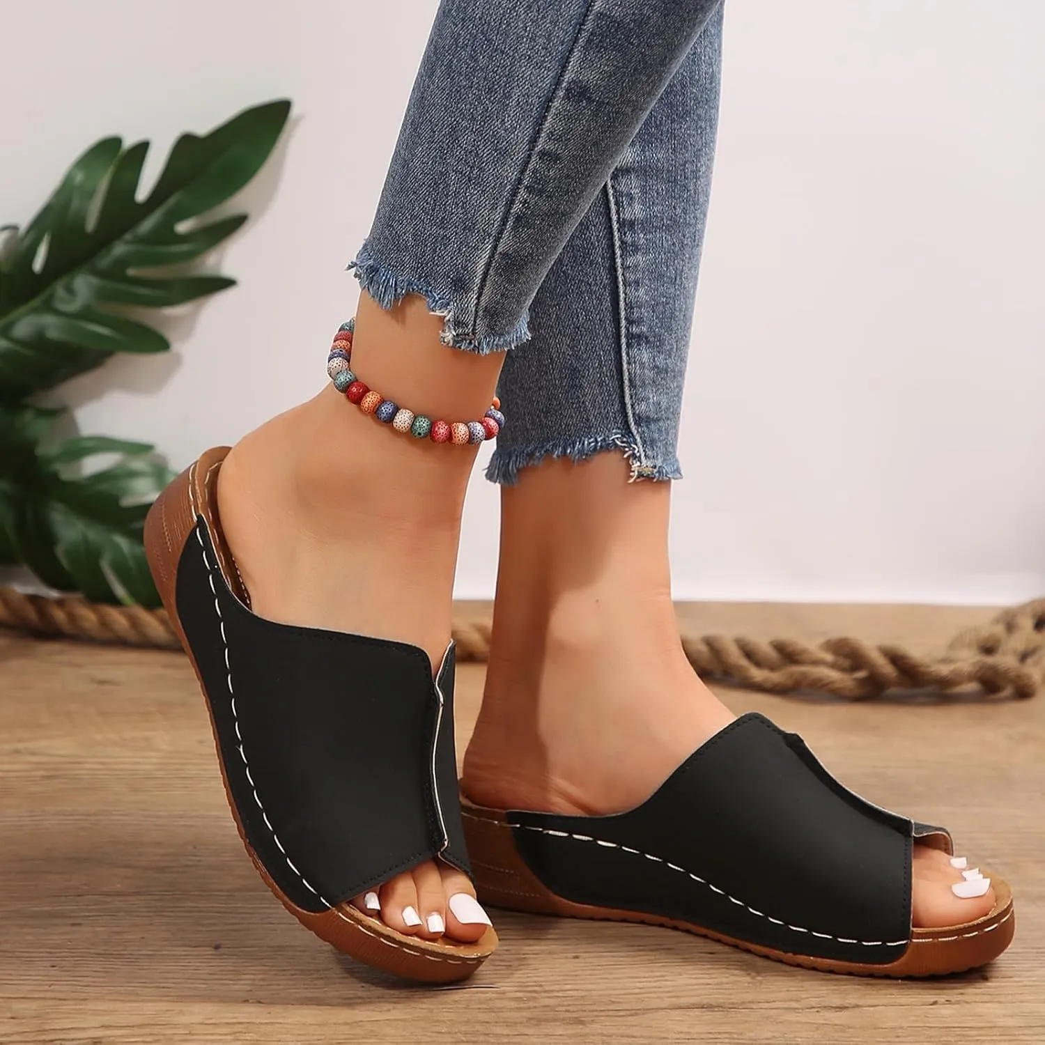 Platform Sandals Women Summer Orthopedic Arch Support Flat Slip on Wide Width Leather Wedge Sandals Damping Sole Upgradation Stretch Lightweight Heels Sandals Diabetic Walking Shoes