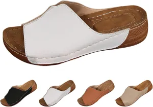 Platform Sandals Women Summer Orthopedic Arch Support Flat Slip on Wide Width Leather Wedge Sandals Damping Sole Upgradation Stretch Lightweight Heels Sandals Diabetic Walking Shoes