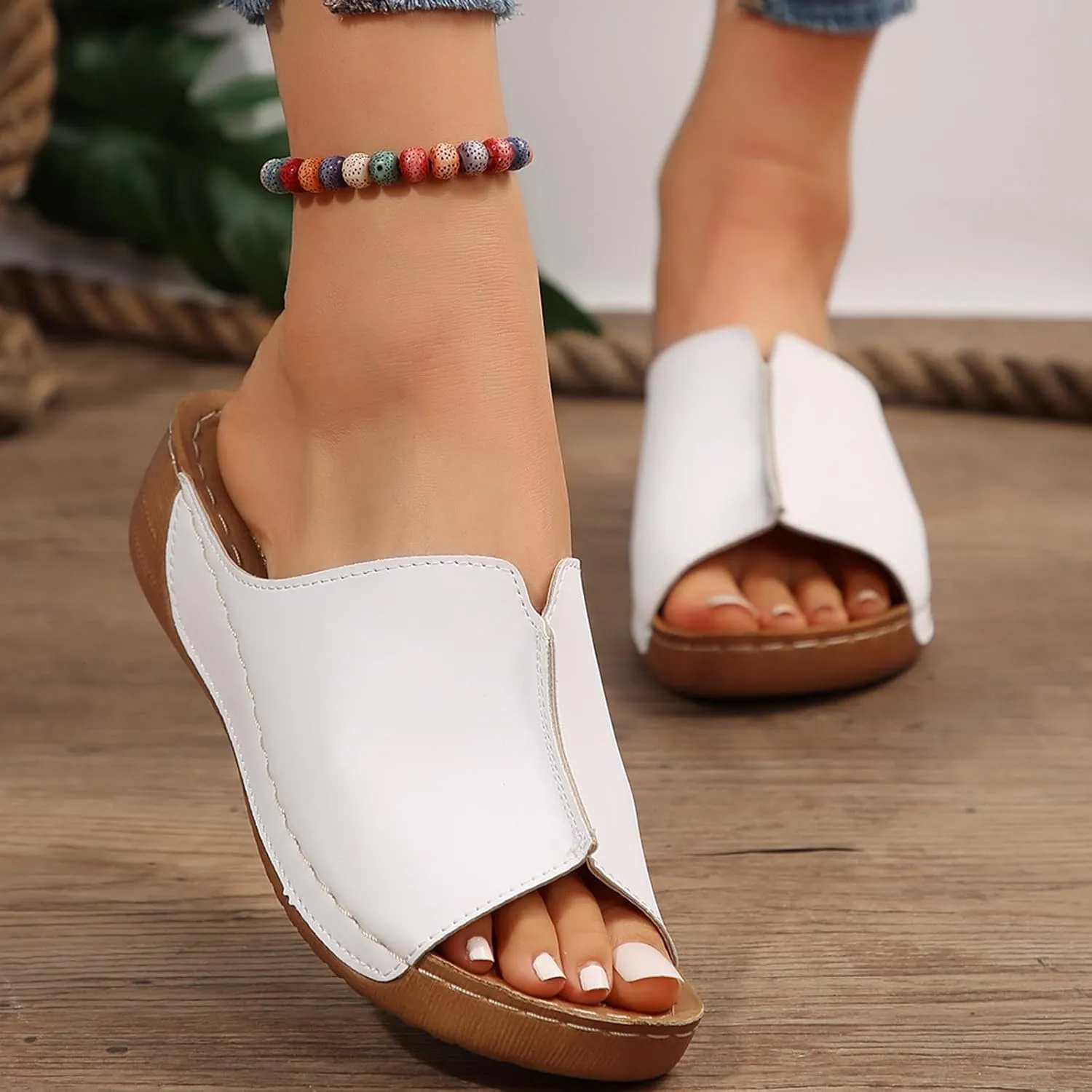 Platform Sandals Women Summer Orthopedic Arch Support Flat Slip on Wide Width Leather Wedge Sandals Damping Sole Upgradation Stretch Lightweight Heels Sandals Diabetic Walking Shoes