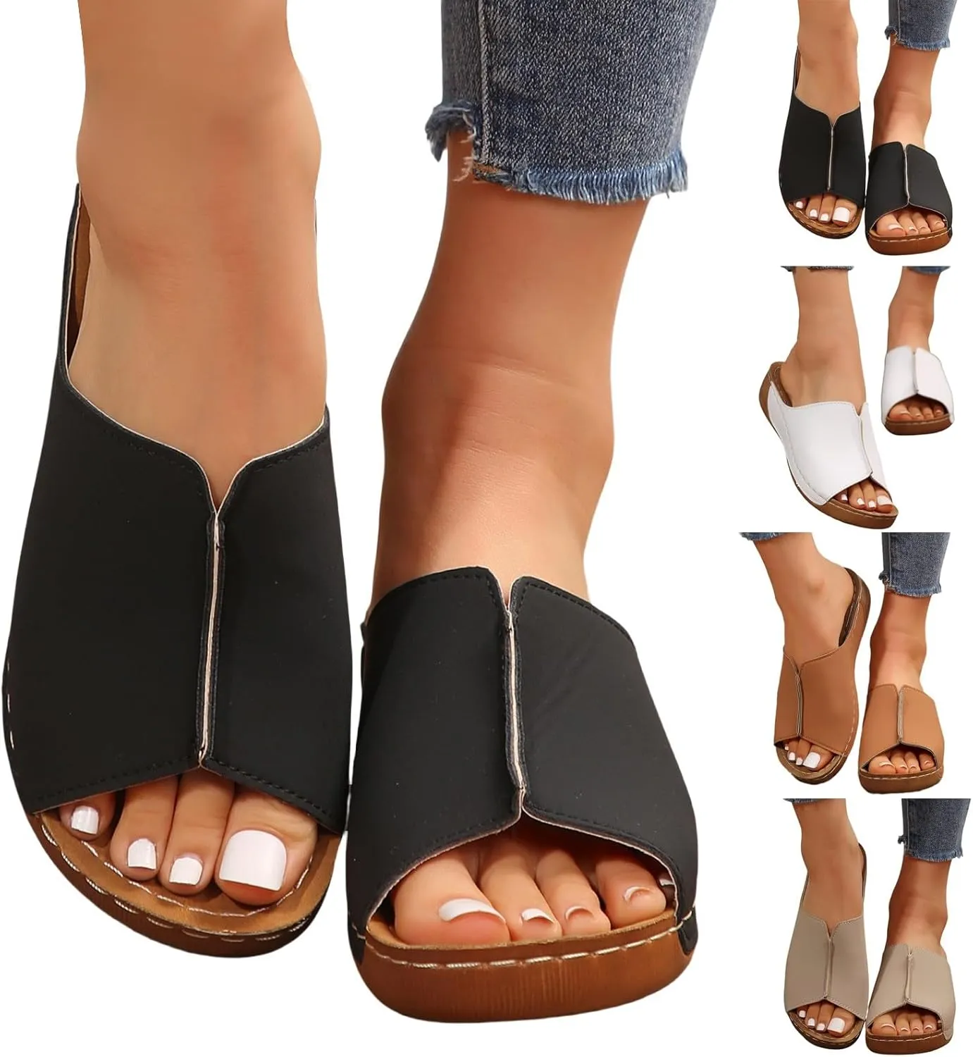 Platform Sandals Women Summer Orthopedic Arch Support Flat Slip on Wide Width Leather Wedge Sandals Damping Sole Upgradation Stretch Lightweight Heels Sandals Diabetic Walking Shoes