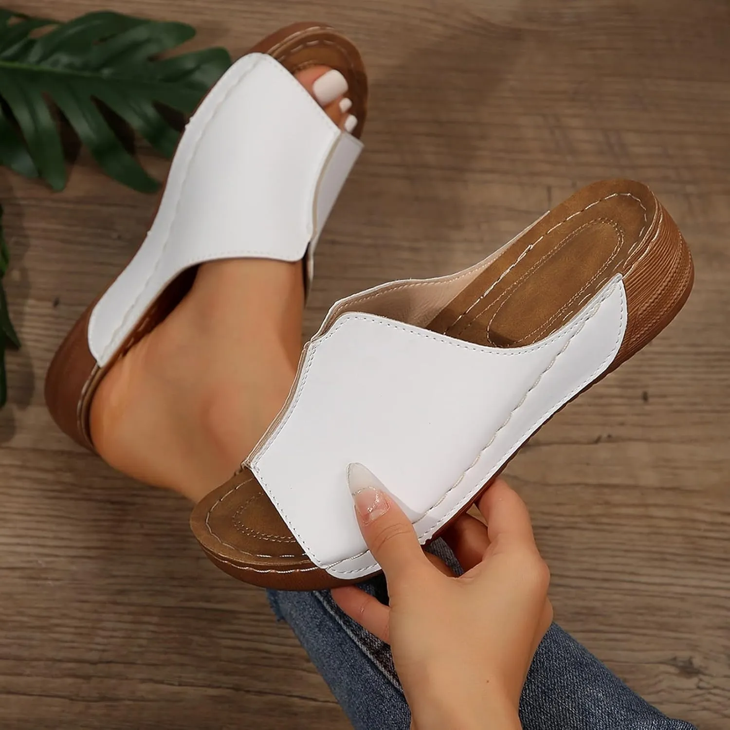 Platform Sandals Women Summer Orthopedic Arch Support Flat Slip on Wide Width Leather Wedge Sandals Damping Sole Upgradation Stretch Lightweight Heels Sandals Diabetic Walking Shoes