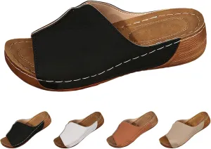 Platform Sandals Women Summer Orthopedic Arch Support Flat Slip on Wide Width Leather Wedge Sandals Damping Sole Upgradation Stretch Lightweight Heels Sandals Diabetic Walking Shoes
