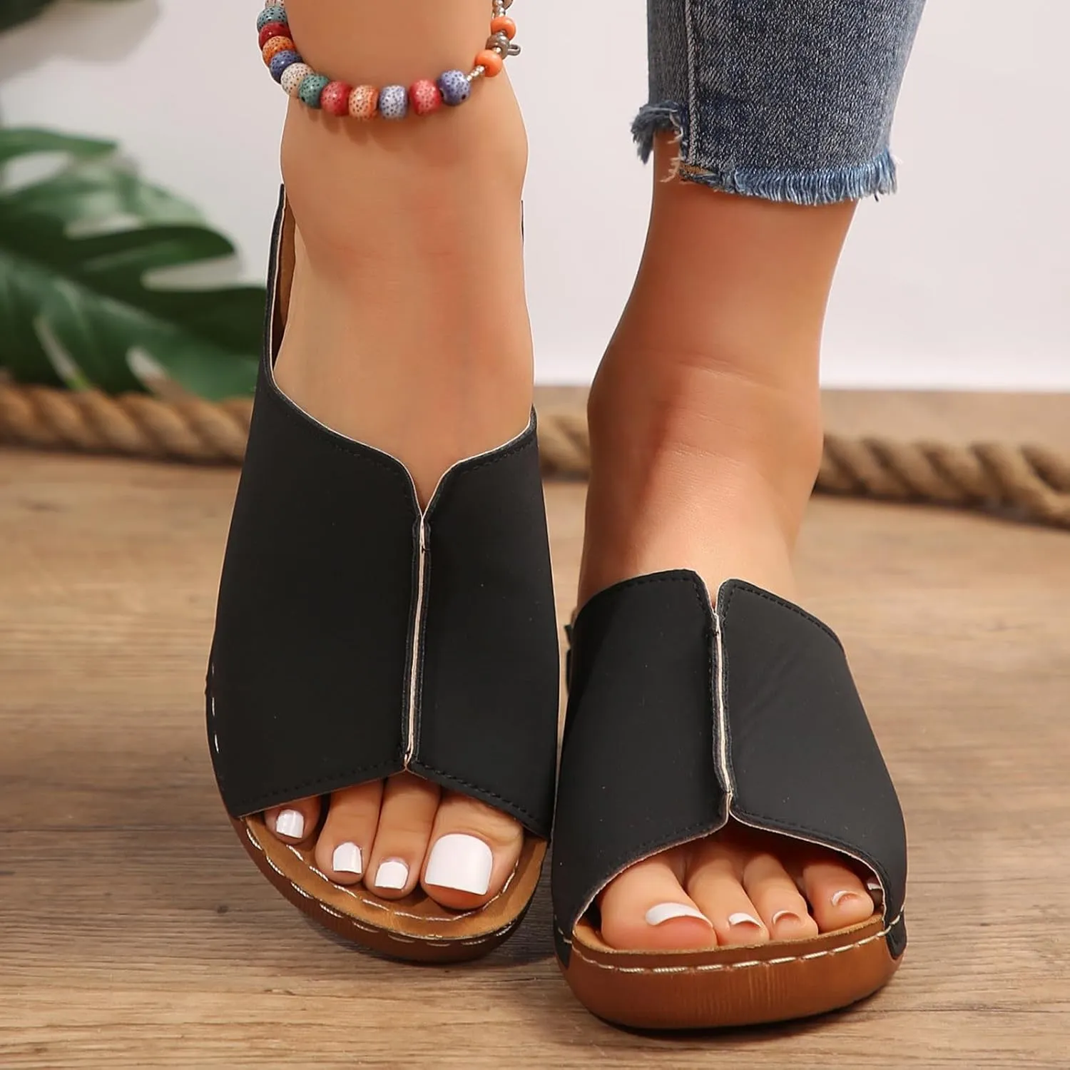Platform Sandals Women Summer Orthopedic Arch Support Flat Slip on Wide Width Leather Wedge Sandals Damping Sole Upgradation Stretch Lightweight Heels Sandals Diabetic Walking Shoes