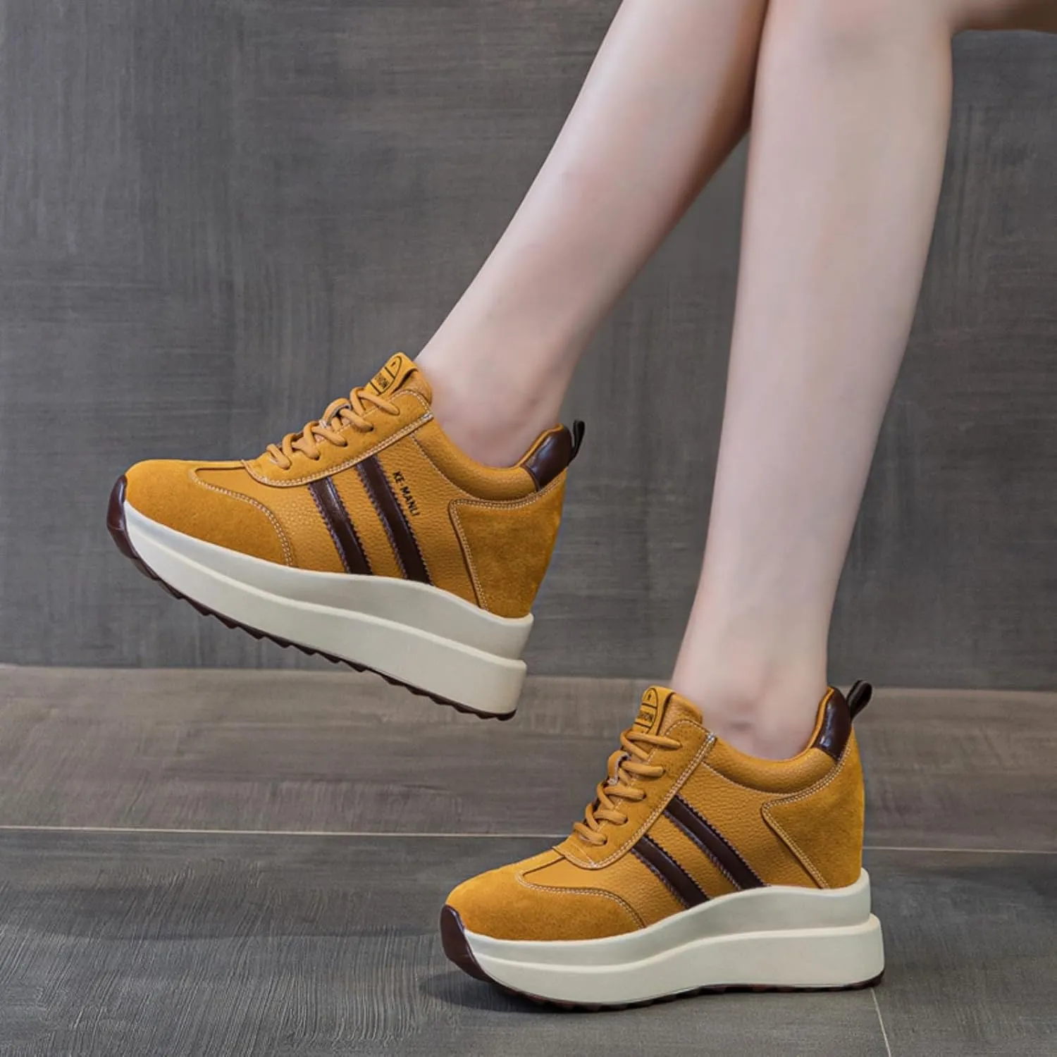 Platform Sneakers for Women - High Hidden Heel Wedge Fashion Leather Chunky Lace up Wedge Tennis Shoes Increasing 3.94 inch