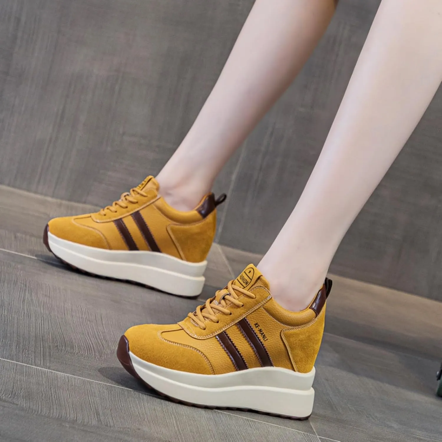 Platform Sneakers for Women - High Hidden Heel Wedge Fashion Leather Chunky Lace up Wedge Tennis Shoes Increasing 3.94 inch